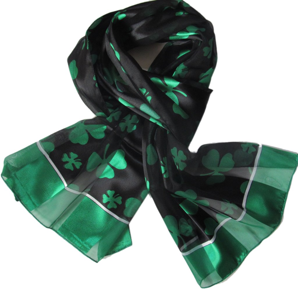 St Patrick's Day Black Green Shamrock Clover Satin Stripe Oblong Scarf Sash Nwt